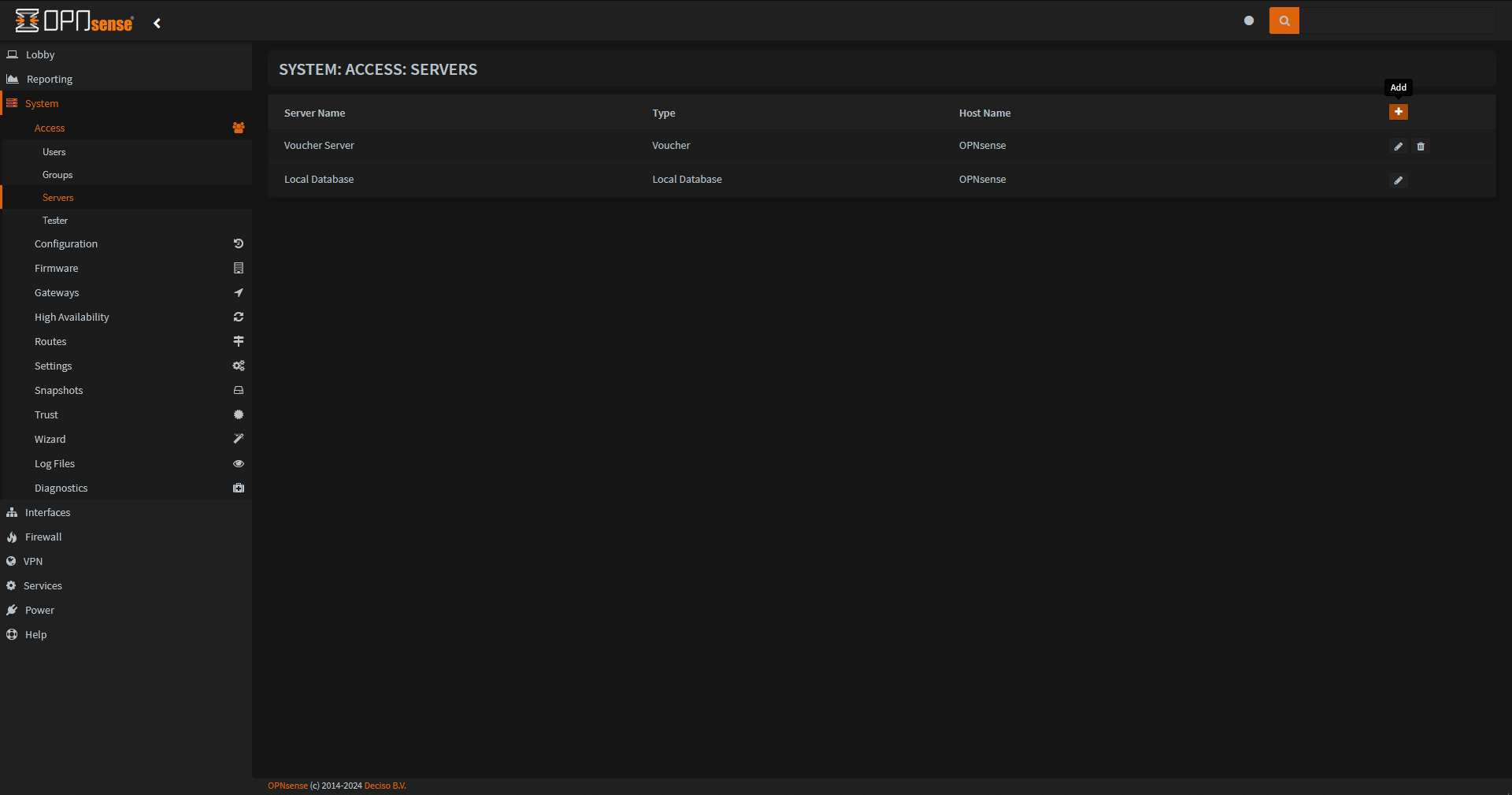 System > Access > Servers