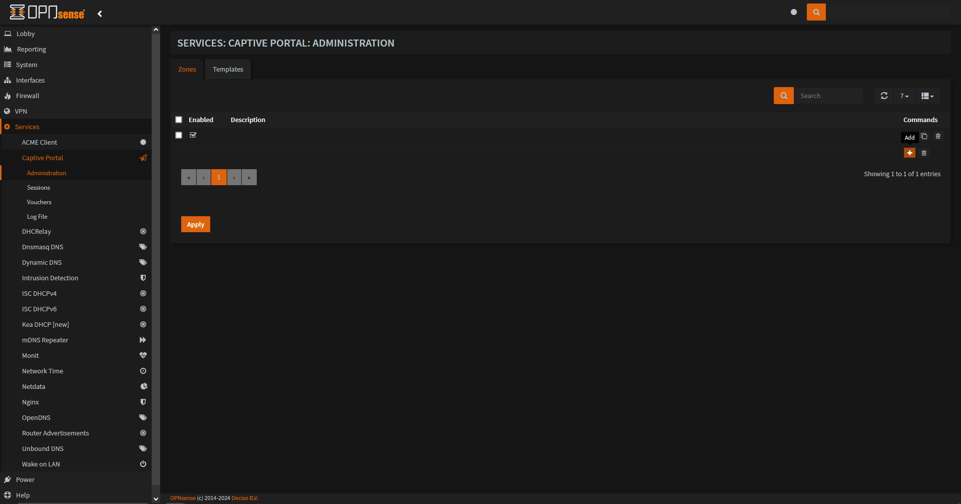 Services > Captive Portal > Administration > Zones