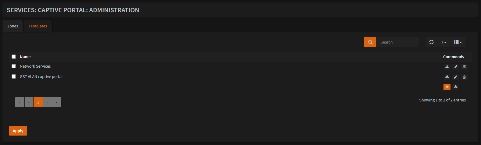 Services > Captive Portal > Administration > Templates